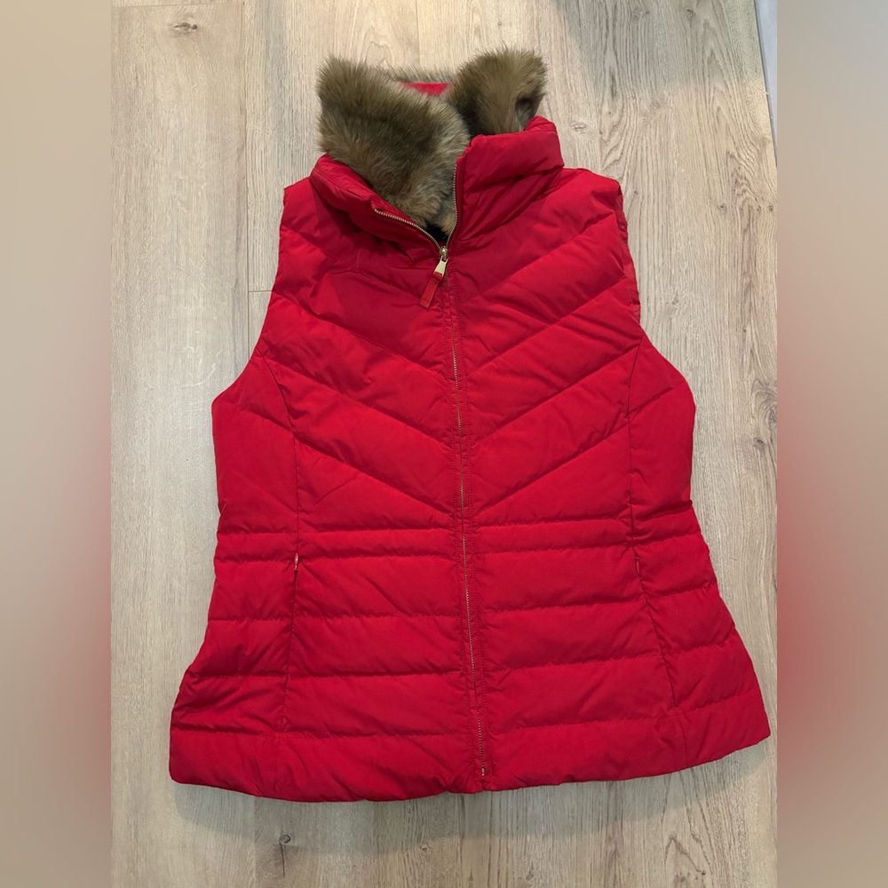 Talbots Red Puffer Vest with Faux Fur Trim